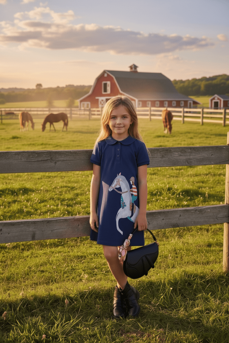 Young girl in a blue dress with a horse design standing in a grassy field with a barn and horses in the background.