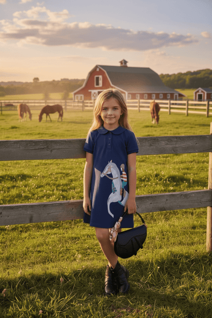 Young girl in a blue dress with a horse design standing in a grassy field with a barn and horses in the background.