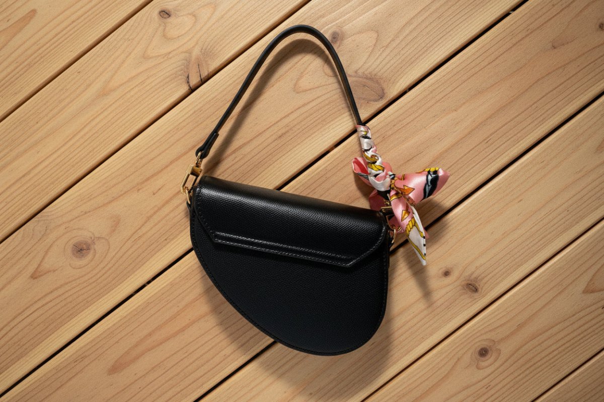 Black handbag with a colorful scarf attached to the handle on a wooden background