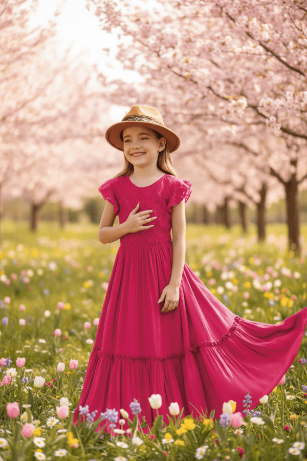 Young girl in a pink dress standing in a field of flowers with cherry blossom trees in the background.