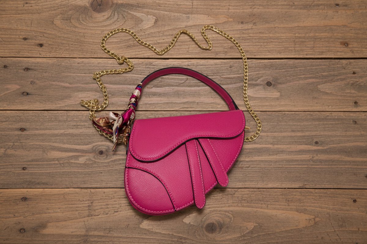 Pink handbag with a gold chain on a wooden background