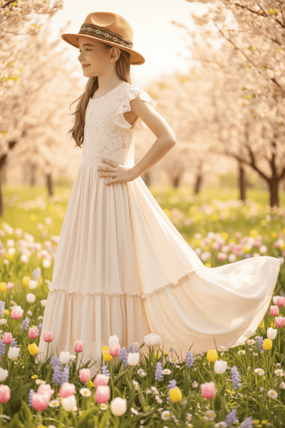 Western Floral Lace Maxi Dress for Girls — Elegant Cowgirl Dress