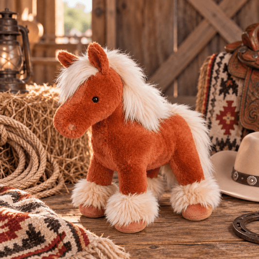 A plush toy horse with a warm brown body and fluffy cream-white mane, tail, and hoof cuffs, posed on a rustic wooden surface with western-themed props including a saddle, cowboy hat, lantern, rope, and patterned textiles.