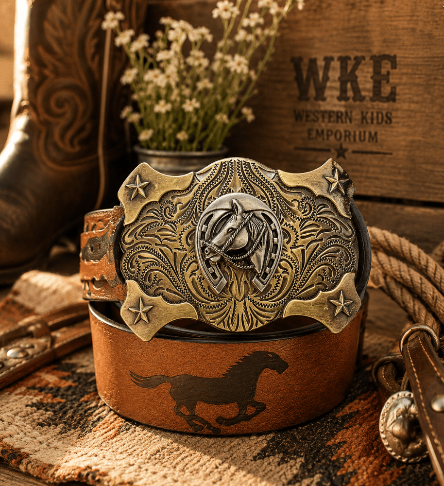 A western belt with a large engraved bronze buckle featuring a horse motif and star details, displayed on a brown leather belt stand. The scene is styled with a cowboy boot, rope, dried flowers, and a wooden crate labeled 'WKE Western Kids Emporium' in a rustic setting.