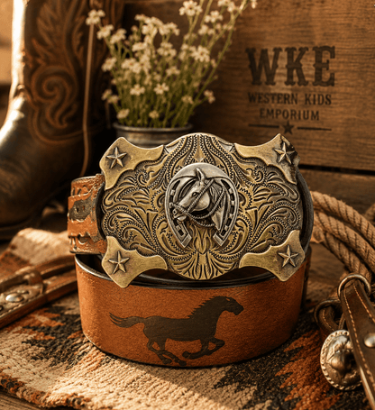 A western belt with a large engraved bronze buckle featuring a horse motif and star details, displayed on a brown leather belt stand. The scene is styled with a cowboy boot, rope, dried flowers, and a wooden crate labeled 'WKE Western Kids Emporium' in a rustic setting.