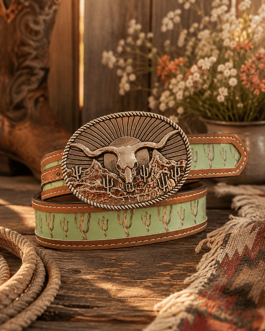 A western-style belt with a large engraved buckle featuring a longhorn skull and desert landscape, coiled on a rustic wooden surface with rope and dried flowers in the background.