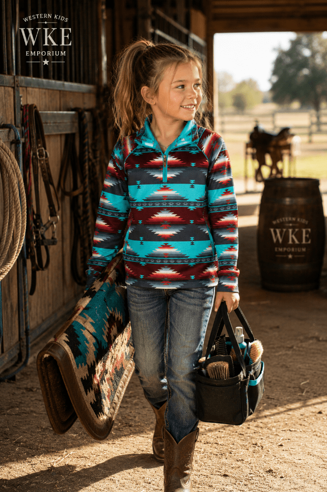 A young girl walking through a barn holding a saddle pad and a grooming tool tote, wearing a colorful geometric-patterned quarter-zip fleece from Western Kid Emporium.