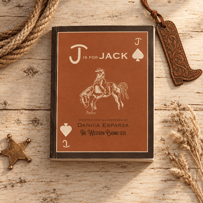 A rectangular book or notebook titled "J is for Jack" lies on a rustic wooden surface, surrounded by western-themed props including a rope, a leather boot-shaped tag, a brass star, and dried grass. The cover is brown with cream lettering and illustration of a rider on a horse.