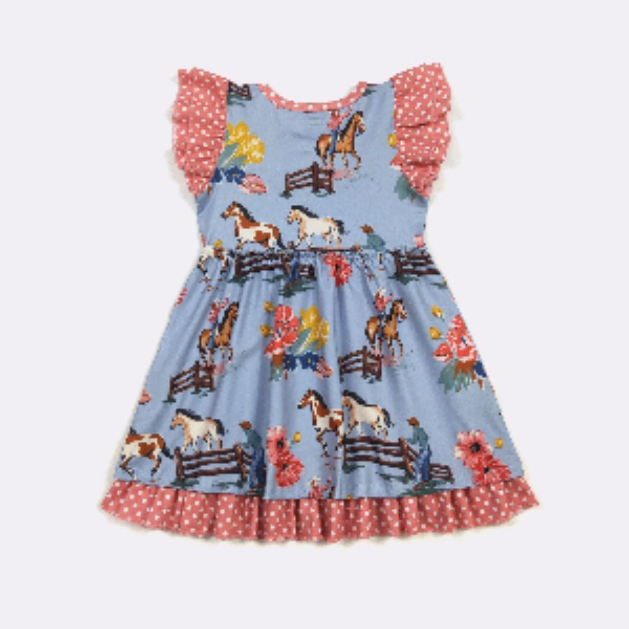 Children's dress with horse and floral pattern on a light blue background