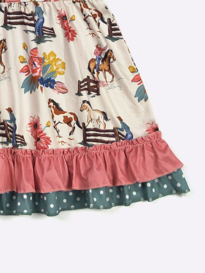 Cowgirl Dress with horse and floral pattern on a white background
