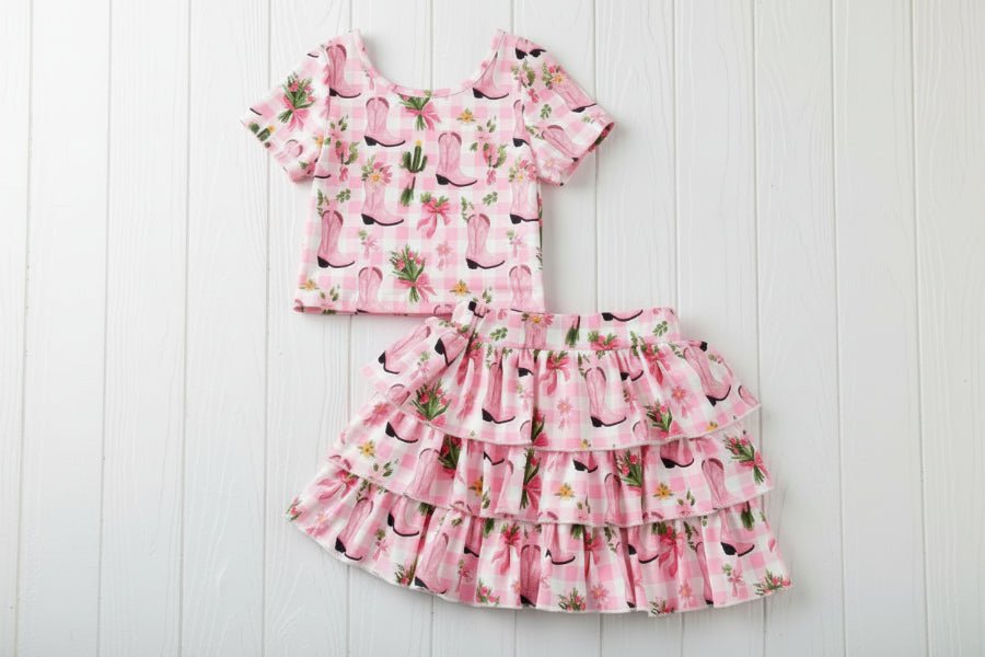 Pink cowgirl boots and cacti skort set