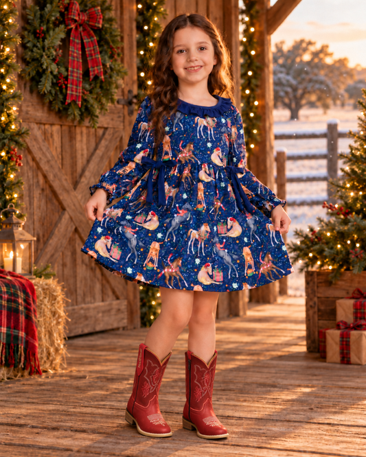 Girl wearing a navy Christmas horse print dress with red Rodeo boots on a decorated ranch porch with light snow in the background.