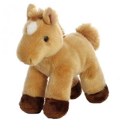 A plush toy horse with light tan fur, a white blaze on its face, and dark brown hooves, photographed against a solid white background.