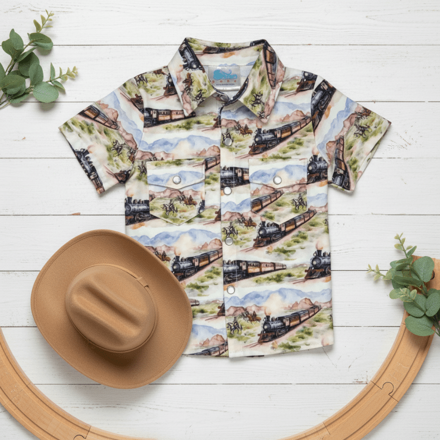 Short-sleeve shirt with train pattern on a white wooden surface with a hat and greenery.