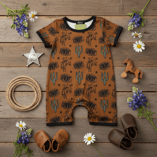 Brown baby romper with cowboy pattern on a wooden surface with decorative items.