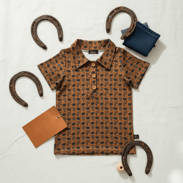Western Boys Buckle Polo Shirt - Bucking Bronc & Cactus Print