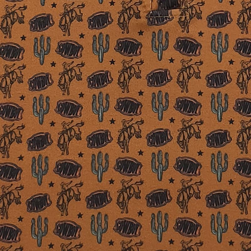 Pattern of cowboys, cacti, and steaks on a brown background