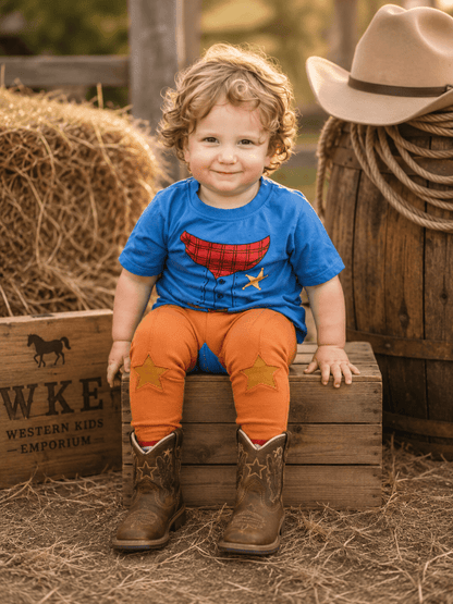 A toddler boy sitting on a wooden crate in a rustic barn setting, wearing a blue short-sleeve shirt with a red and yellow hot air balloon graphic, orange pants with star patches, and brown cowboy boots. A straw hat rests on a wooden barrel behind him.