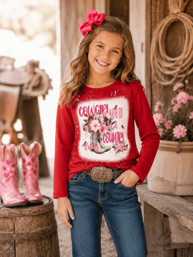 Young girl in a red shirt with a cowboy graphic, standing in a rustic setting with pink boots and flowers.
