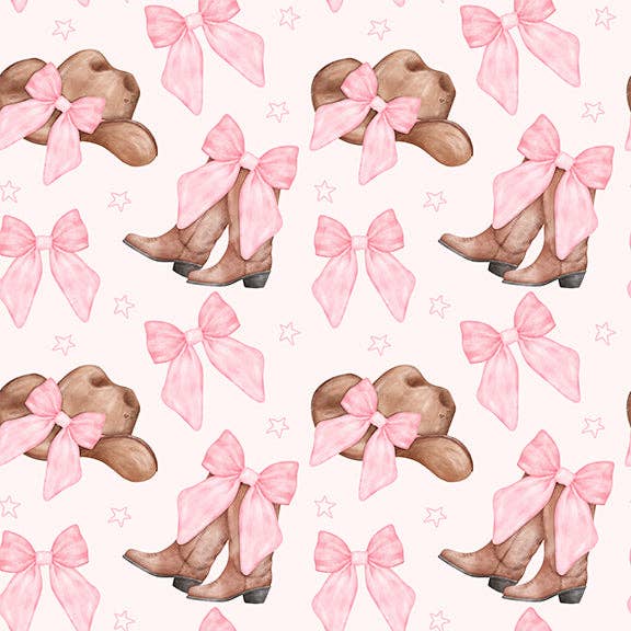 Pattern of cowboy boots with pink bows on a white background