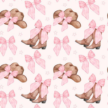 Pattern of cowboy boots with pink bows on a white background