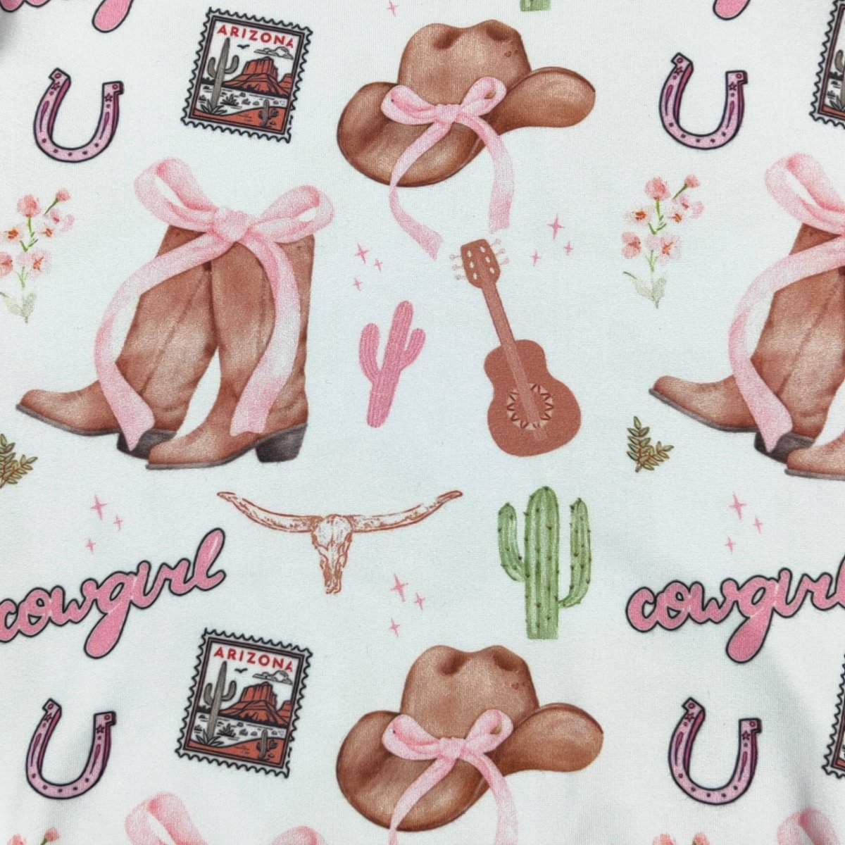 Cowgirl-themed pattern with boots, hats, cacti, and Arizona stamps on a white background.