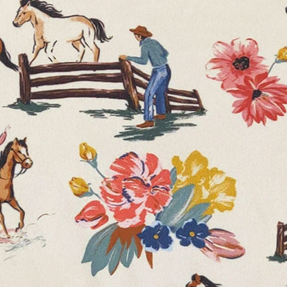 Pattern with horses, a person in a cowboy hat, and colorful flowers on a light background.