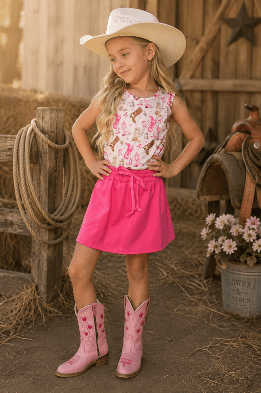 Young girl in cowboy hat and pink boots standing in a rustic setting with a wooden fence and floral arrangement.