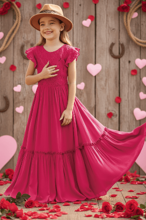 Western Floral Lace Maxi Dress for Girls — Elegant Cowgirl Dress
