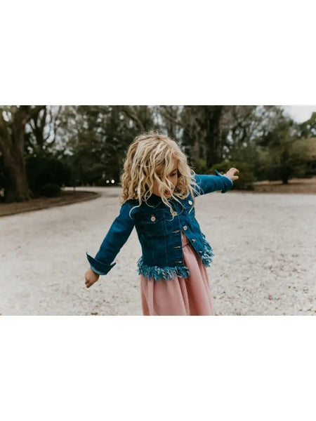 Girls Dark Denim Fringe Delight Jacket - Outerwear