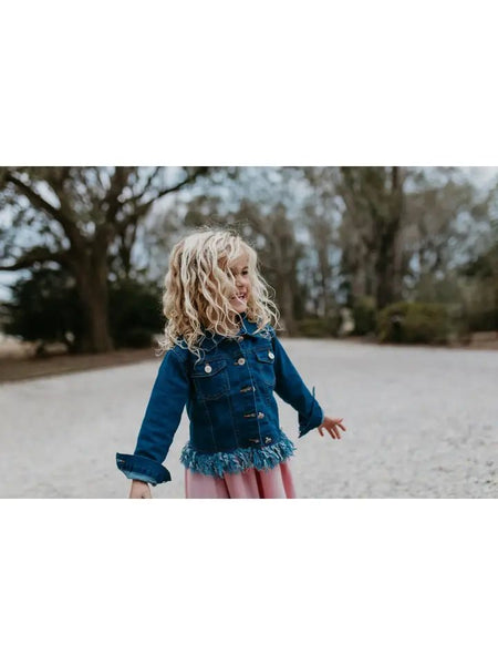 Girls Dark Denim Fringe Delight Jacket - Outerwear