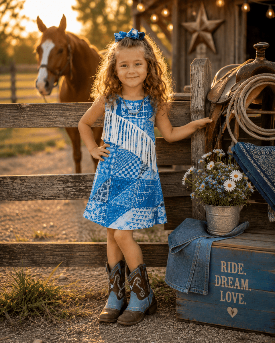 Blue Bandana Fringe Dress – Cowgirl Suede Style for Little Girls