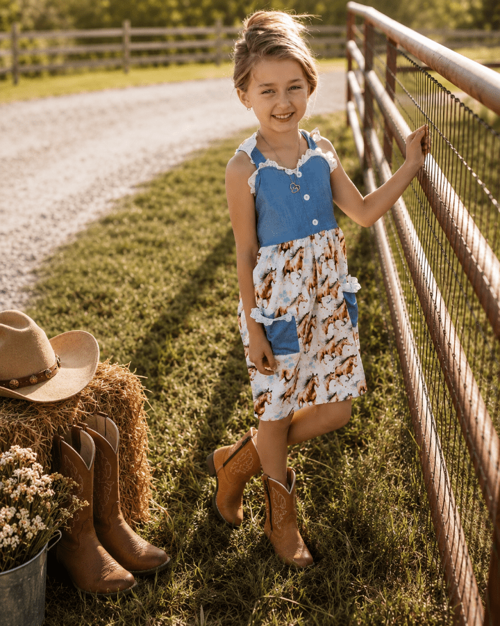 A young girl stands outdoors beside a rustic metal fence on a grassy field, wearing a sleeveless patchwork dress with a blue bodice and a white skirt printed with brown and orange animal motifs. She is also wearing tan cowboy boots.