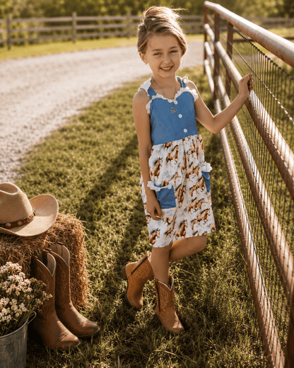 A young girl stands outdoors beside a rustic metal fence on a grassy field, wearing a sleeveless patchwork dress with a blue bodice and a white skirt printed with brown and orange animal motifs. She is also wearing tan cowboy boots.