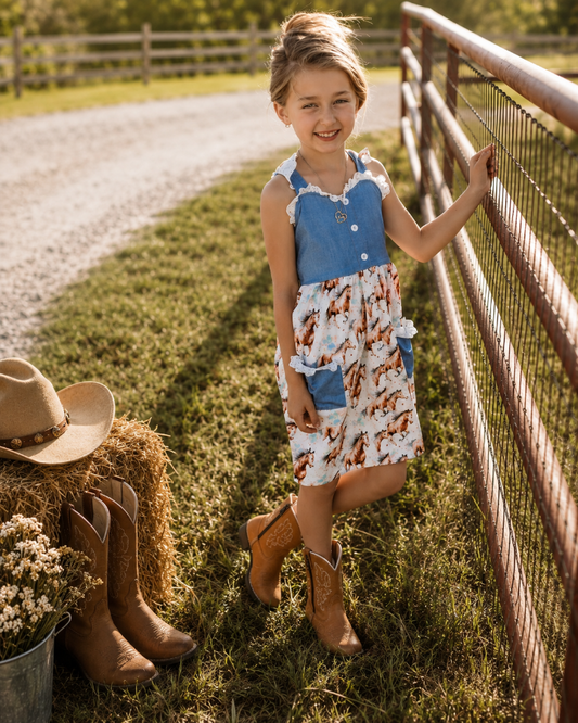 A young girl stands outdoors beside a rustic metal fence on a grassy field, wearing a sleeveless patchwork dress with a blue bodice and a white skirt printed with brown and orange animal motifs. She is also wearing tan cowboy boots.
