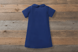Back of blue dress with a collar on a white background