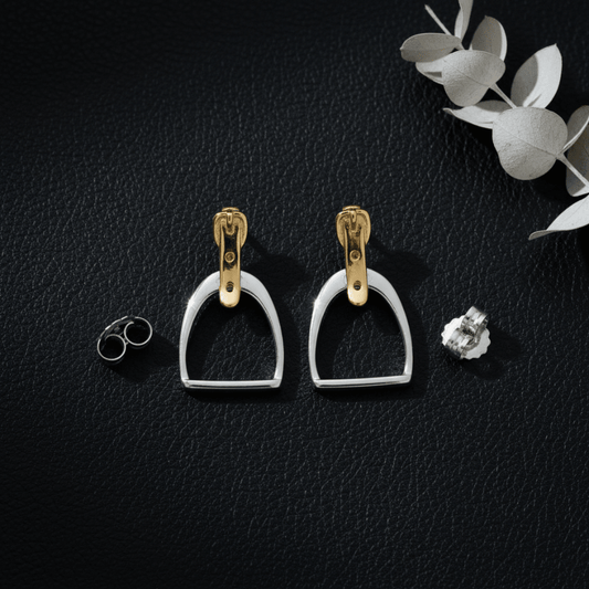Two-tone gold silver English stirrup earrings on black leather - equestrian jewelry for girls young riders horse show gift