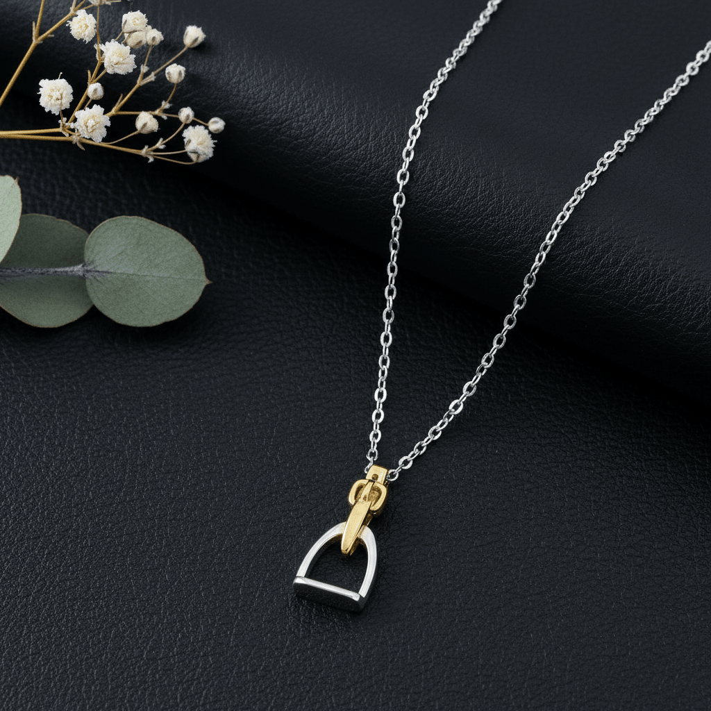 Two-tone gold silver English stirrup pendant necklace on black leather - equestrian jewelry for girls young riders horse show gift