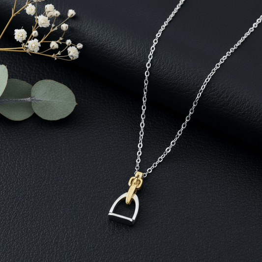 Two-tone gold silver English stirrup pendant necklace on black leather - equestrian jewelry for girls young riders horse show gift