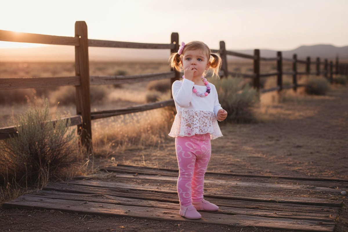 Young girl wearing a white top with lace detail and pink pants on a split rail fence background