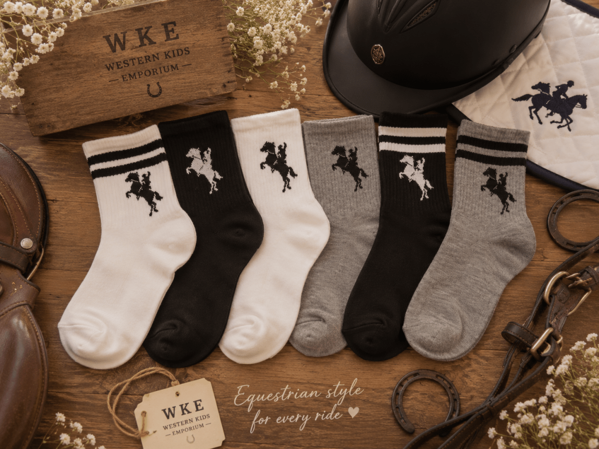 Set of equestrian-themed socks with horse design on a wooden surface with accessories.
