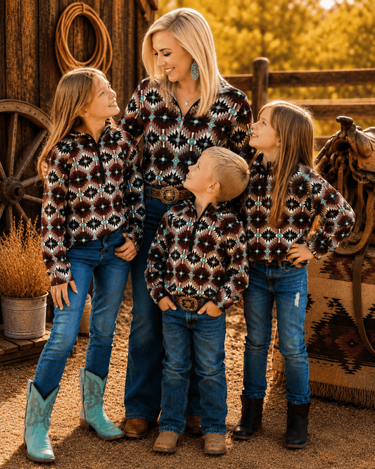 A family of five wearing matching western-style long-sleeve shirts with a brown, black, and turquoise geometric pattern, standing together in a rustic barn setting.
