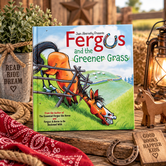 The children's book 'Fergus and the Greener Grass' by Joan Abernethy is displayed on a rustic wooden table surrounded by themed props including a red bandana, rope, a small wooden horse, a lantern, and a horseshoe, with a blurred barn background.