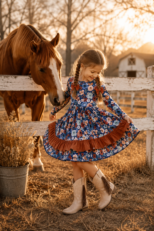 A young girl in a blue floral long-sleeve dress with a brown ruffle hem and beige cowboy boots stands beside a white wooden fence at a sunny farm, touching the head of a brown horse. A barn and dry grass are visible in the background.