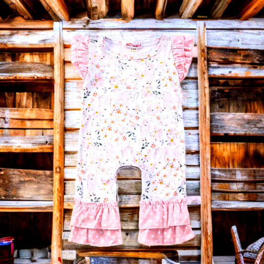 Floral baby romper with horse petal pattern, perfect for infant horse gifts, displayed on rustic wooden background.