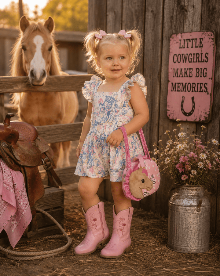 Young girl in pink cowboy boots and floral dress standing next to a horse in a barn setting with a 'Little Cowgirls Make Big Memories' sign.