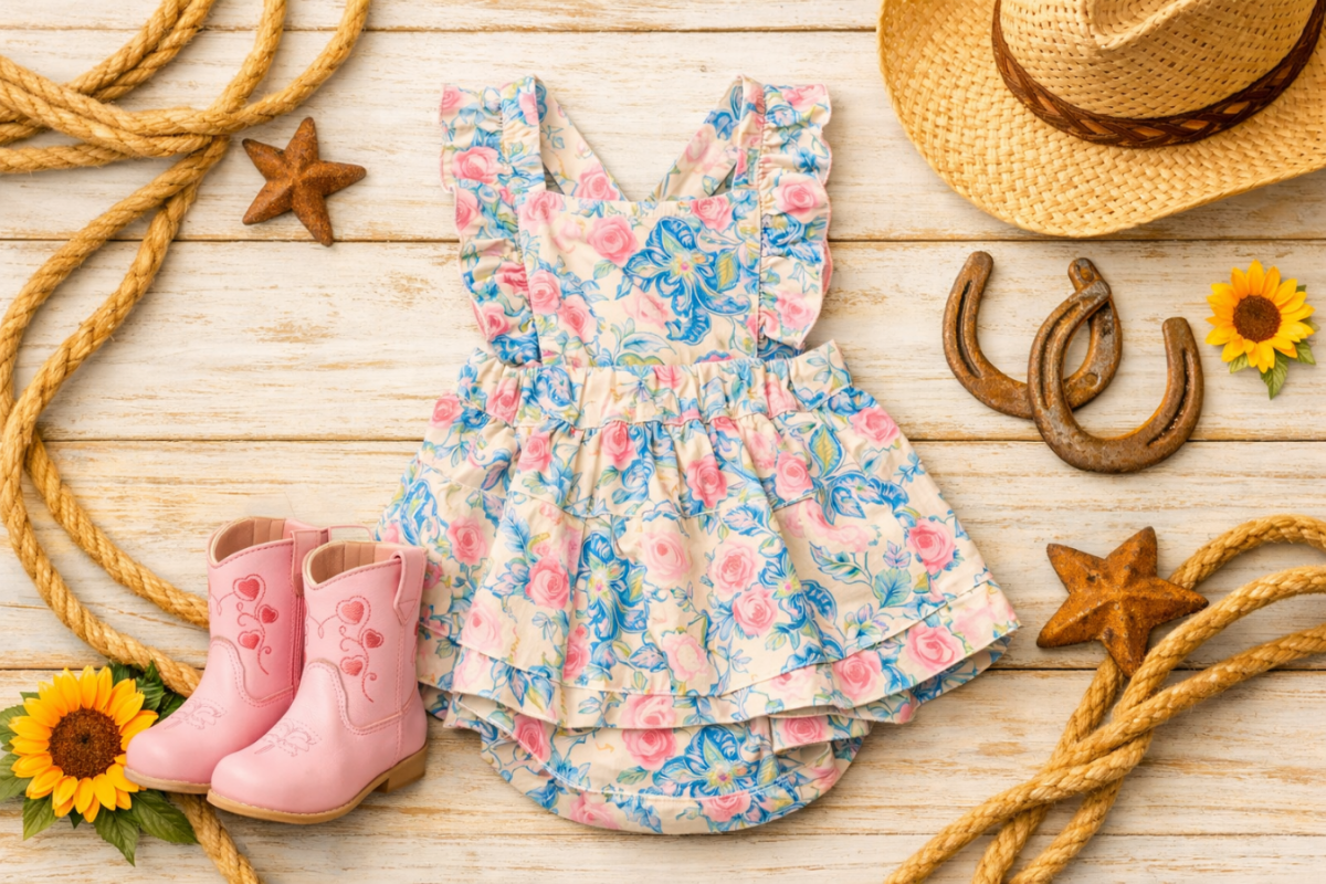 Floral dress with pink boots, straw hat, and rustic items on a wooden surface
