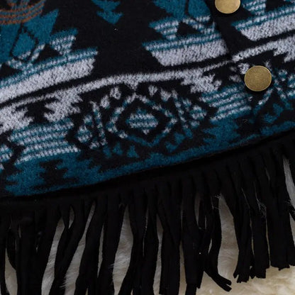 Trailblazer Chic: Teal & Black Aztec Fringe Skirt image 1