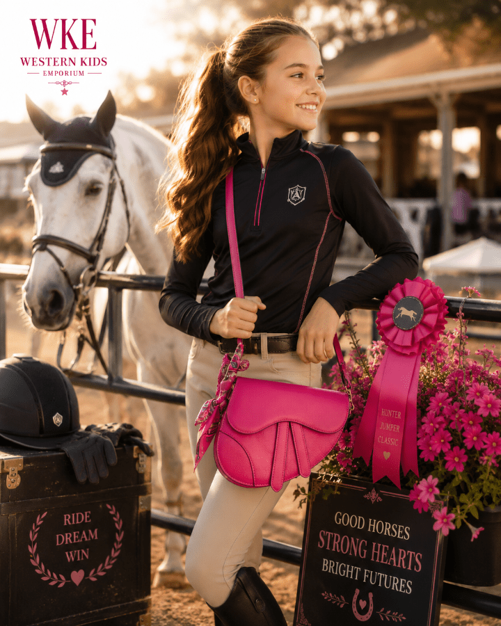 Girl in equestrian attire with a horse, holding a pink bag and ribbon, in an outdoor setting.