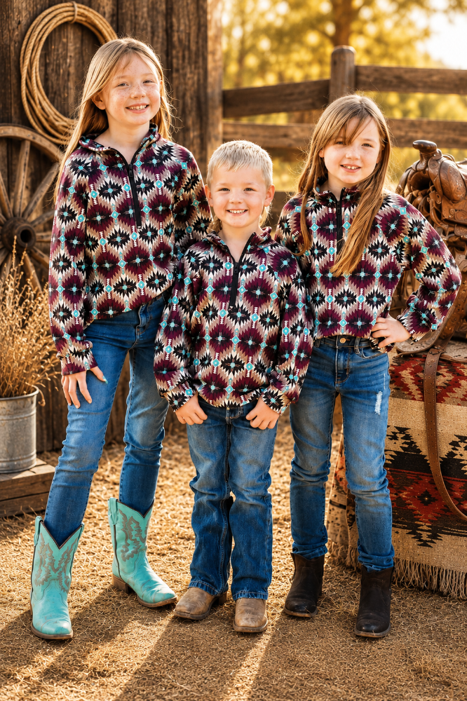 Three children standing together outdoors in matching long-sleeve patterned fleece pullovers with blue jeans and western boots, posed in front of rustic western decor including a wagon wheel, rope, and saddle.